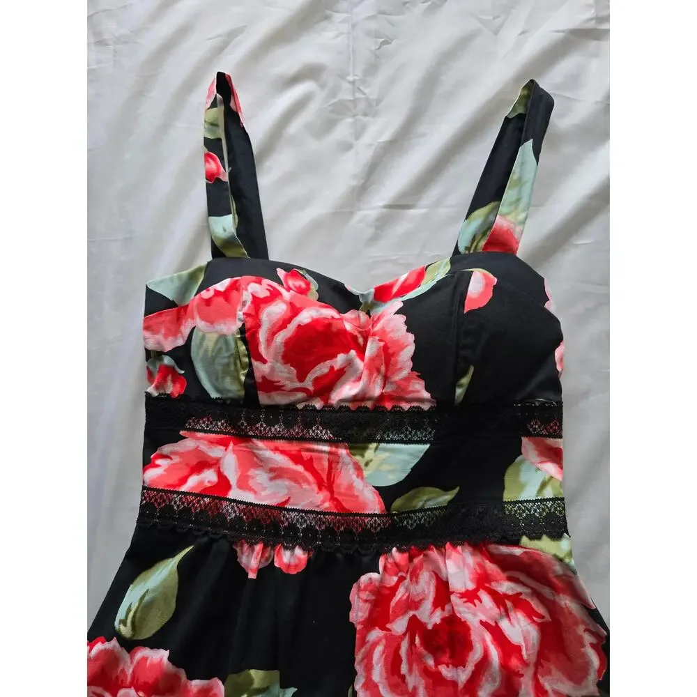B. Smart Floral Fit & Flare Dress Black Red Rose Print Size 4 Lace Trim - Picture 3 of 8